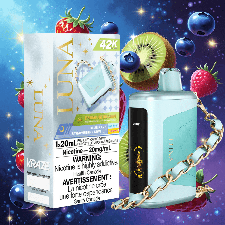 kraze disposable vape Kraze Luna 42K Disposable Vape-Blue Razz Strawberry Kiwi Ice – Brandon Vape SuperStore & Cannabis