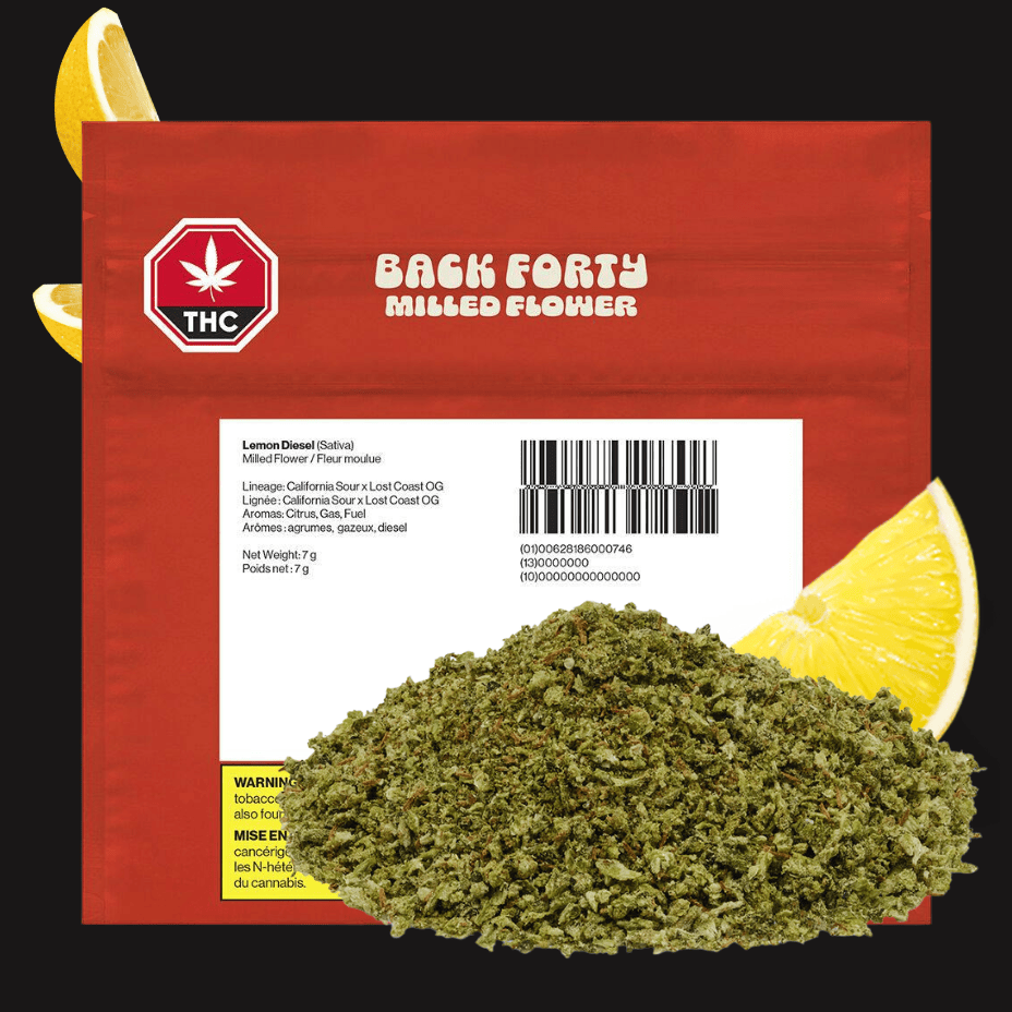 Back Forty Lemon Diesel Milled Flower - 7g Brandon Vape SuperStore and Cannabis Manitoba Canada