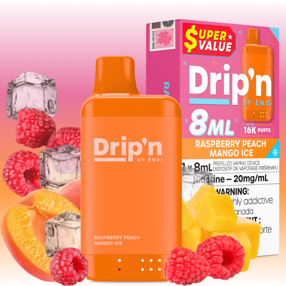 Drip'n by Envi 16K Disposable Vape - Raspberry Peach Mango Ice 8mL / 16000 Puffs / 20mg Brandon Vape SuperStore and Cannabis Manitoba Canada