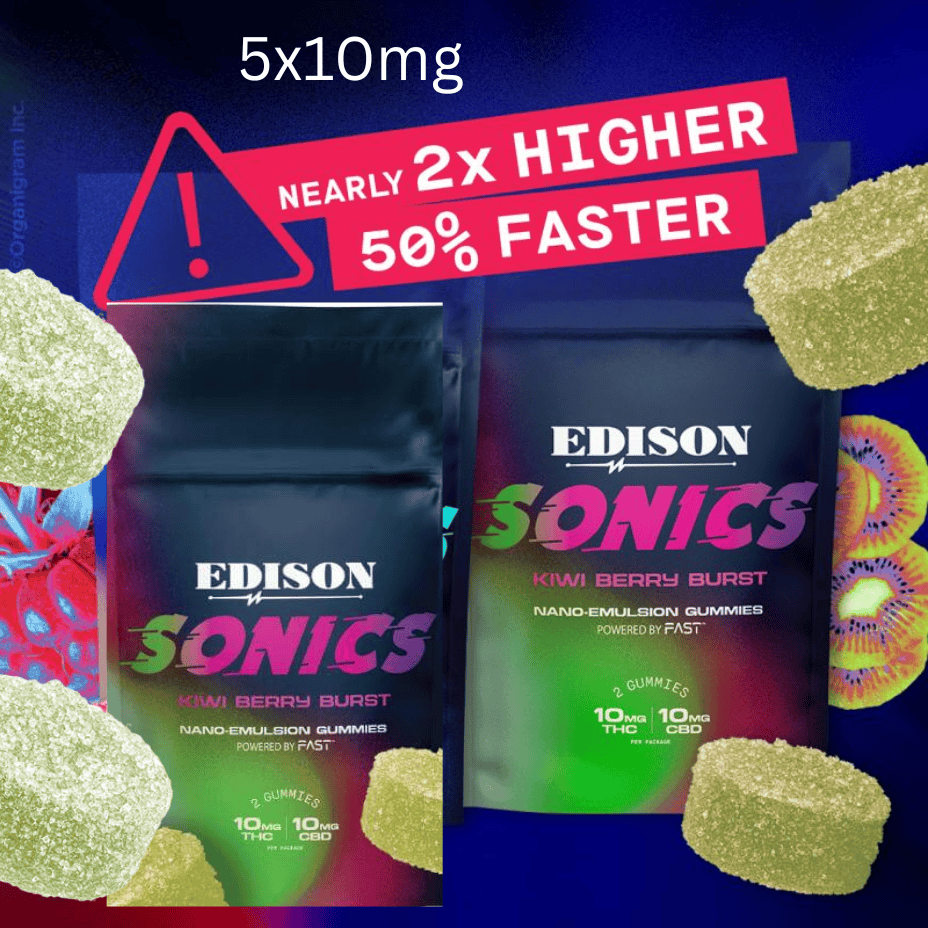 Edison Sonics Kiwi Berry Burst 1:1 CBD:THC Gummies-50mg Brandon Vape SuperStore and Cannabis Manitoba Canada