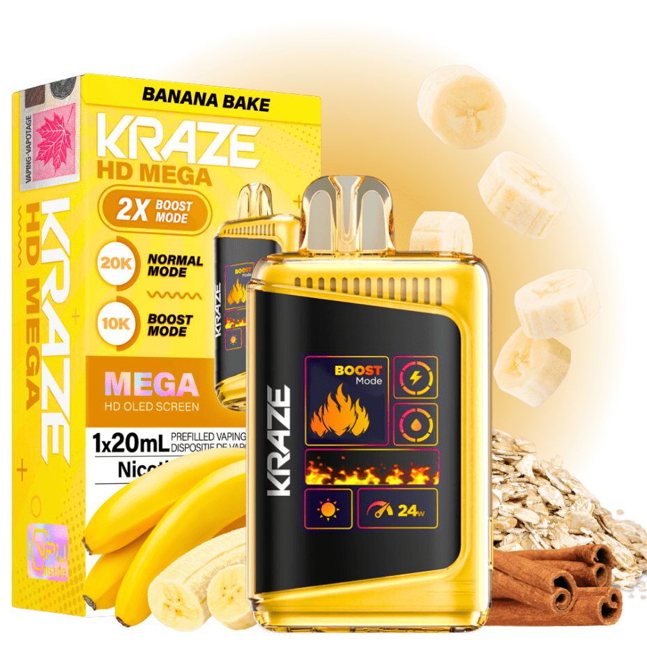 Kraze HD Mega 20k Disposable Vape - Banana Bake 20000 Puffs / 20mg Brandon Vape SuperStore and Cannabis Manitoba Canada