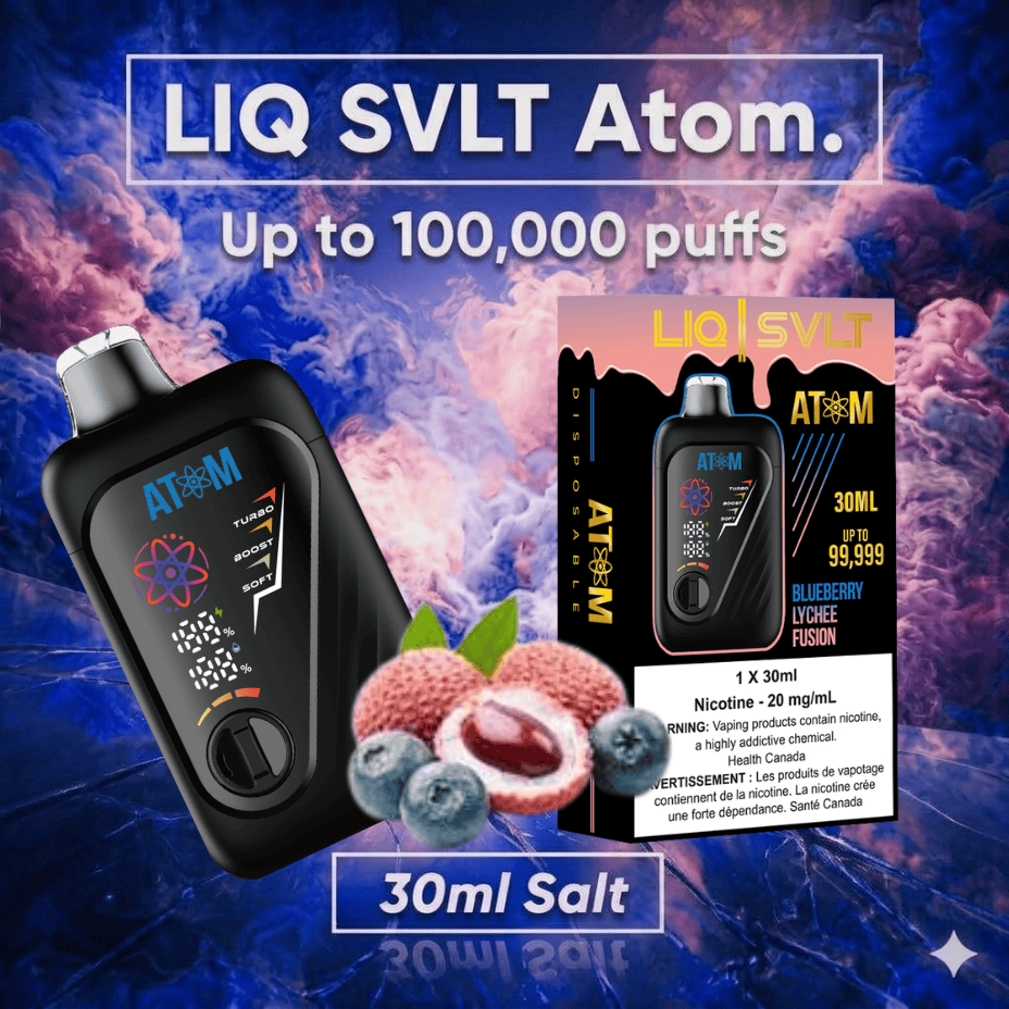 LIQ SVLT Atom 100K Disposable Vape-Blueberry Lychee Fusion 100000 Puffs / 20mg Brandon Vape SuperStore and Cannabis Manitoba Canada