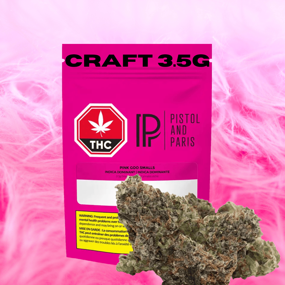 Pistol and Paris Pink Goo Indica CRAFT Flower-3.5g Brandon Vape SuperStore and Cannabis Manitoba Canada