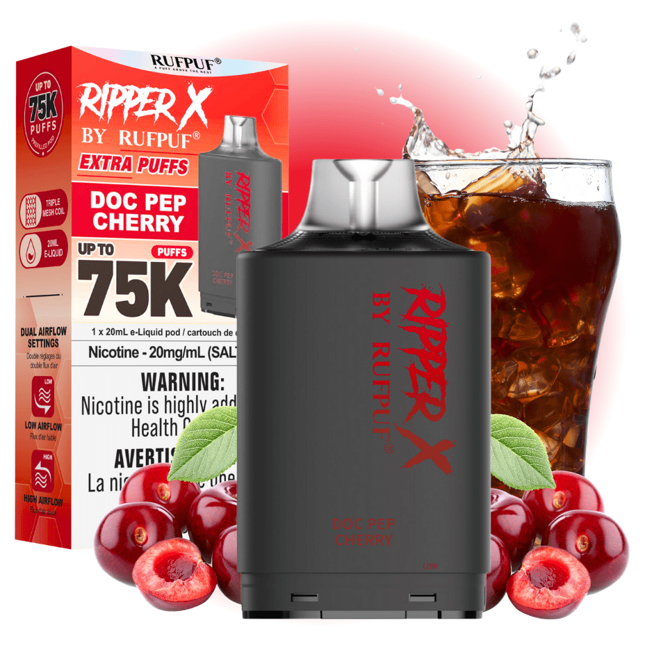 RufPuf Ripper X 75k Turbo Pod - Doc Pep Cherry 20mg / 75000 Puffs Brandon Vape SuperStore and Cannabis Manitoba Canada