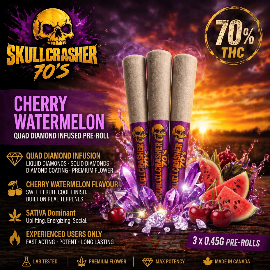 SkullCrusher 70's by Rad-Cherry Watermelon Quad Diamond Infused Pre-Roll-3x0.45g Brandon Vape SuperStore and Cannabis Manitoba Canada