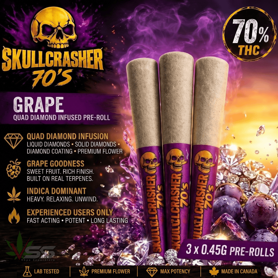 SkullCrusher 70's by Rad-Grape Quad Diamond Infused Pre-Roll-3x0.45g Brandon Vape SuperStore and Cannabis Manitoba Canada