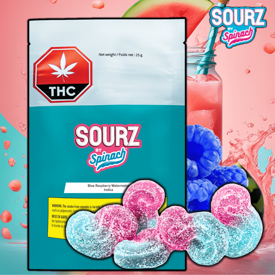 Spinach Sourz Blue Raspberry Watermelon THC Gummies-5x2mg 5x0.5g Brandon Vape SuperStore and Cannabis Manitoba Canada