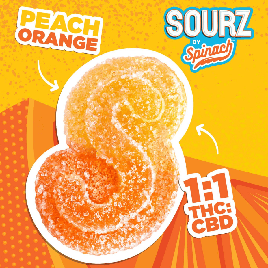 Spinach Sourz Peach Orange 1:1 THC:CBD Gummies-5x2mg Brandon Vape SuperStore and Cannabis Manitoba Canada