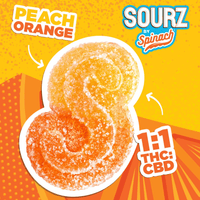Spinach Sourz Peach Orange 1:1 THC:CBD Gummies-5x2mg Brandon Vape SuperStore and Cannabis Manitoba Canada