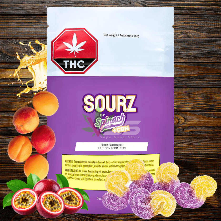 Spinach Sourz Peach Passionfruit CBN:CBD:THC Gummies Brandon Vape SuperStore and Cannabis Manitoba Canada