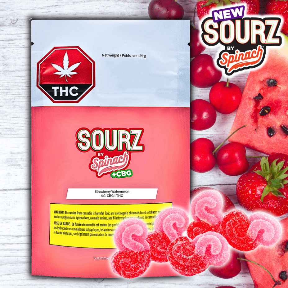 Spinach Sourz Strawberry Watermelon 4:1 THC:CBG Gummies-5x2mg 5x2mg Brandon Vape SuperStore and Cannabis Manitoba Canada