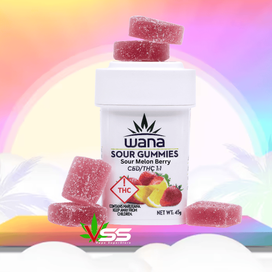 Wana Sour Melon Berry THC:CBD 1:1 Gummies-10/pkg Brandon Vape SuperStore and Cannabis Manitoba Canada