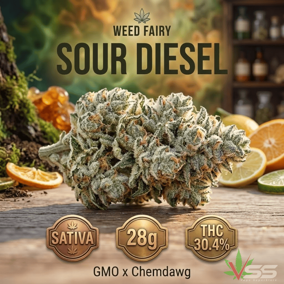 Weed Fairy Sour Diesel by GMO Indica Flower-28g Brandon Vape SuperStore and Cannabis Manitoba Canada
