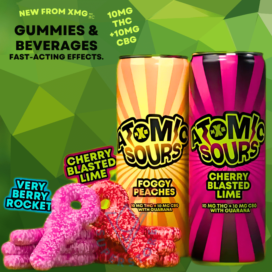 XMG Atomic Sours - Foggy Peaches 1:1 THC:CBG Beverage Brandon Vape SuperStore and Cannabis Manitoba Canada